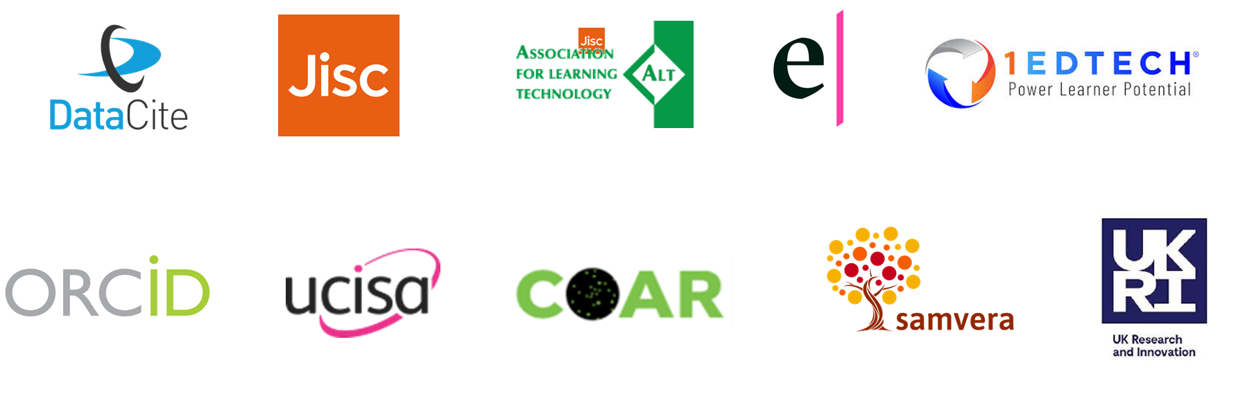 Logos for organisations we work with in the sector including: UCISA Jisc Emerge ALT 1EdTech ORCID UKRI DataCite Samvera Foundation Confederation of Open Access repositories