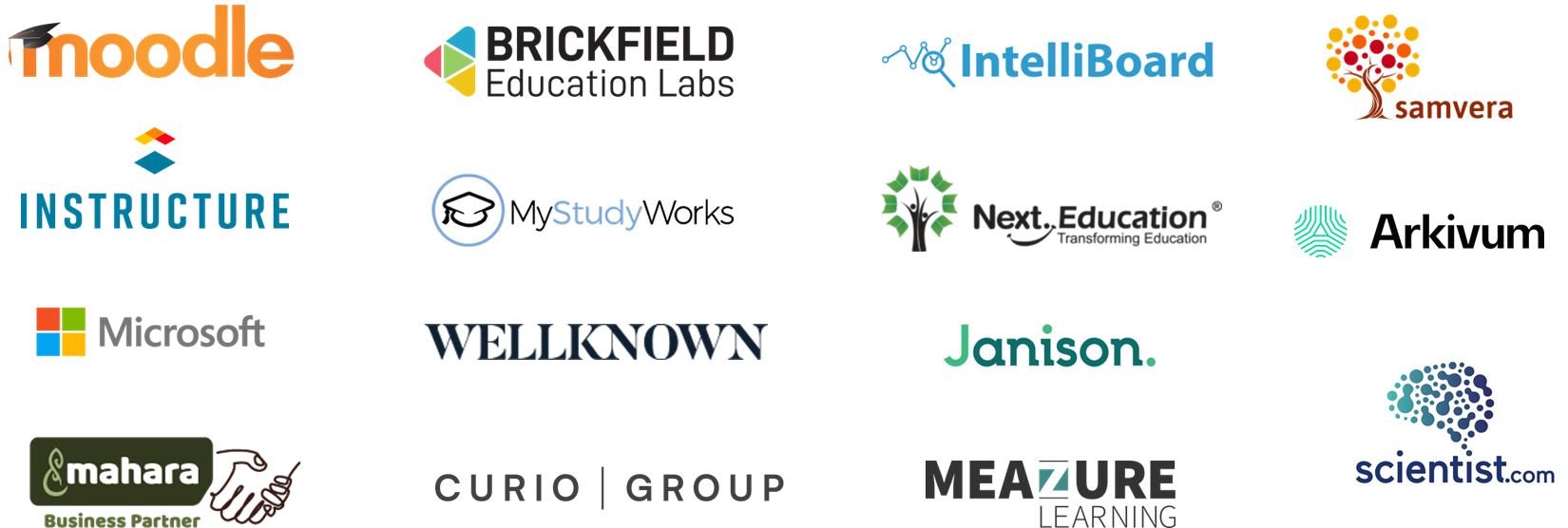 A graphic containing the logos of technologies we an work with and our business partnerships The list is: Instructure Microsoft Janison MyStudyWorks Brickfield Wellknown Curio IntelliBoard Arkivum Mahara Next Education Services Meazure Learning Scientist.com Samvera